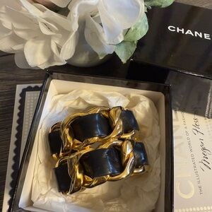CHANEL Vintage Gold Plated Chunky Chain Link & Black Leather Cuff Bracelet